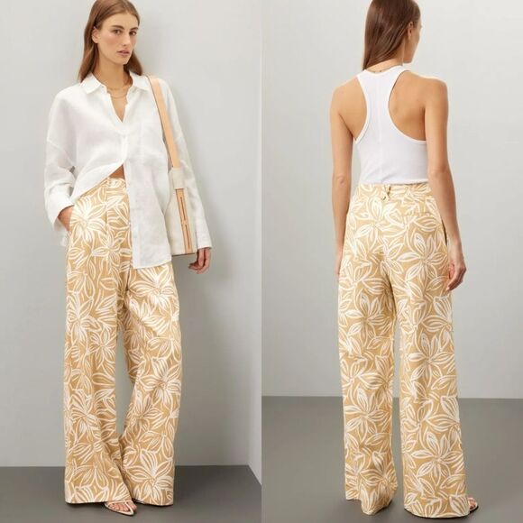Toccin Tan White Floral Leaf Printed Linen Classic Trousers 6 Coastal Natural - Picture 1 of 5